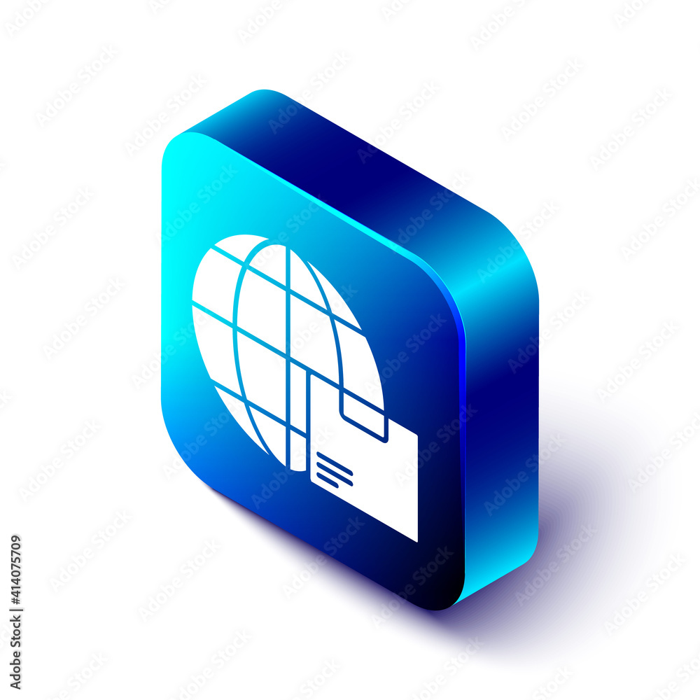 Isometric Worldwide shipping and cardboard box icon isolated on white background. Blue square button