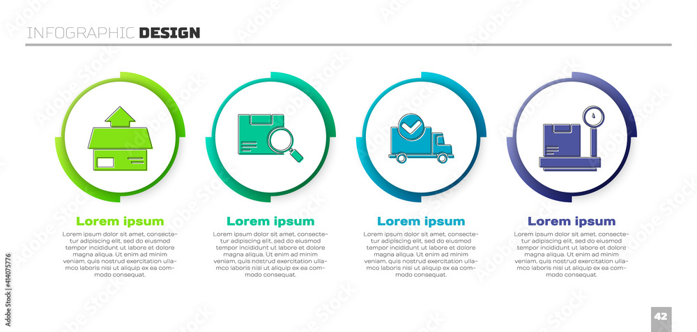 Set Carton cardboard box, Search package, Delivery truck with check mark and Scale with cardboard bo