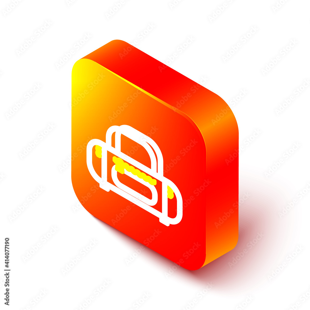 Isometric line Sport bag icon isolated on white background. Orange square button. Vector Illustratio