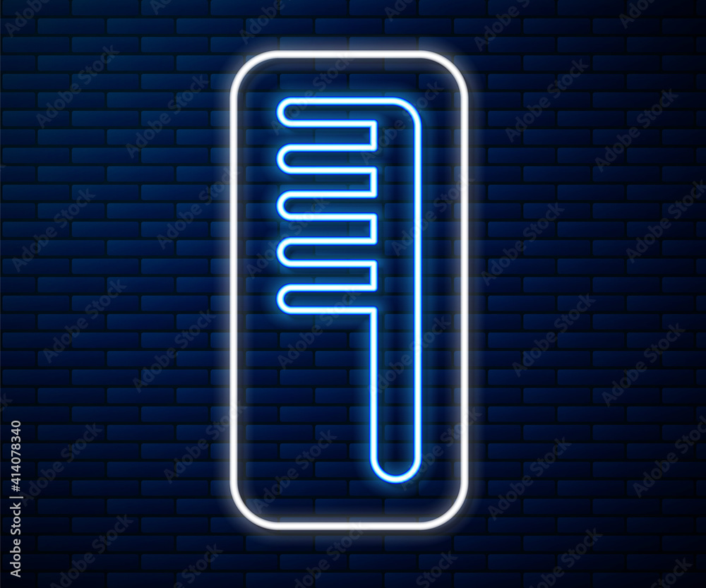 Glowing neon line Hairbrush icon isolated on brick wall background. Comb hair sign. Barber symbol. V