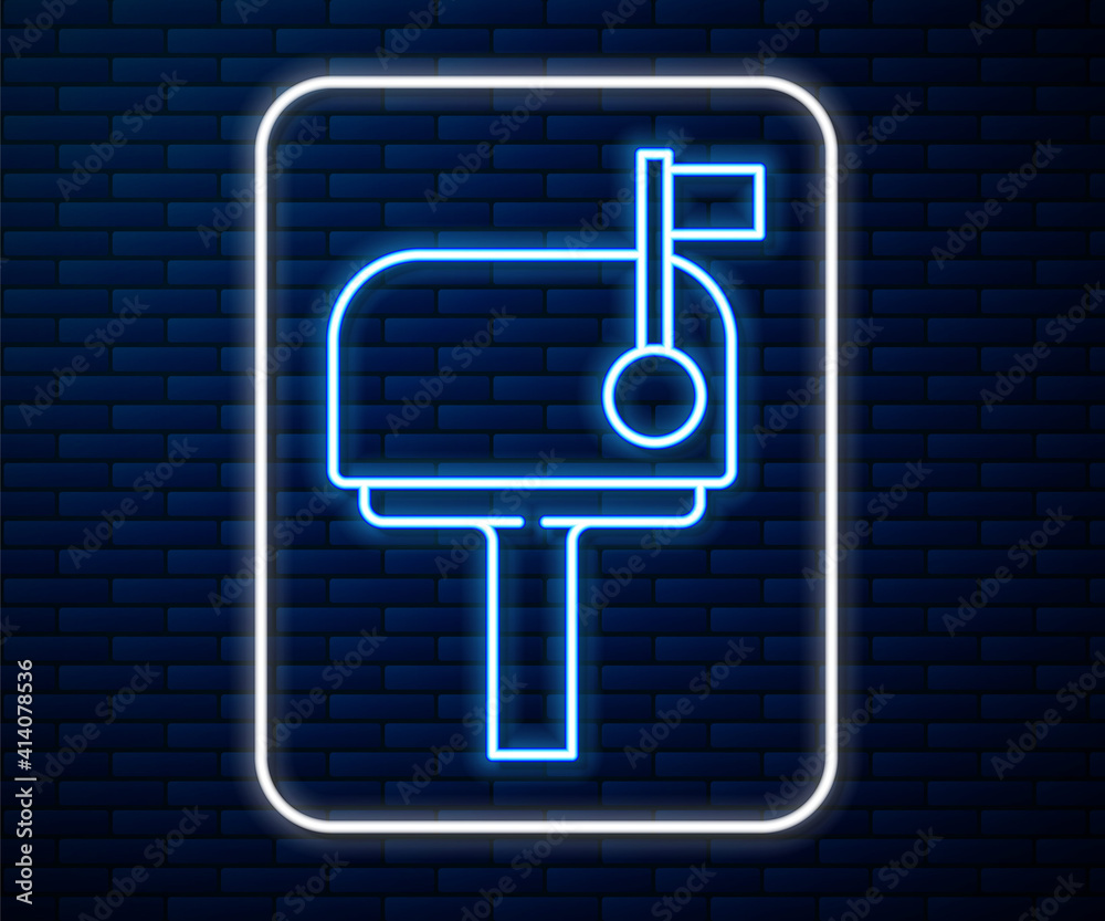 Glowing neon line Mail box icon isolated on brick wall background. Mailbox icon. Mail postbox on pol