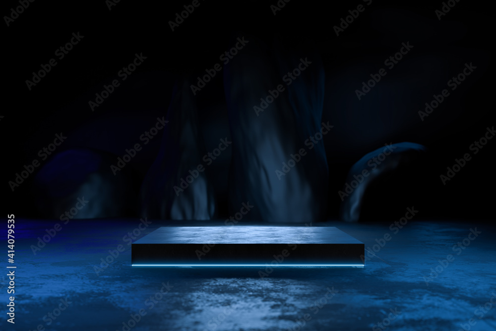 Abstract black background, Futuristic pedestal for product presentation, Blank product stand, Futuri