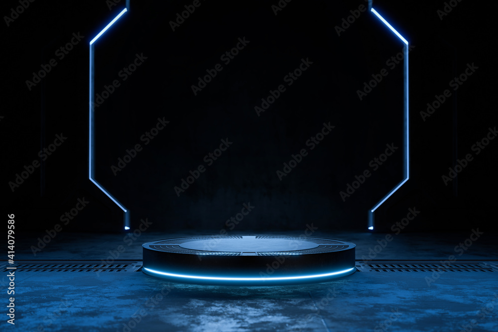 Abstract black background, Futuristic pedestal for product presentation, Blank product stand, Futuri