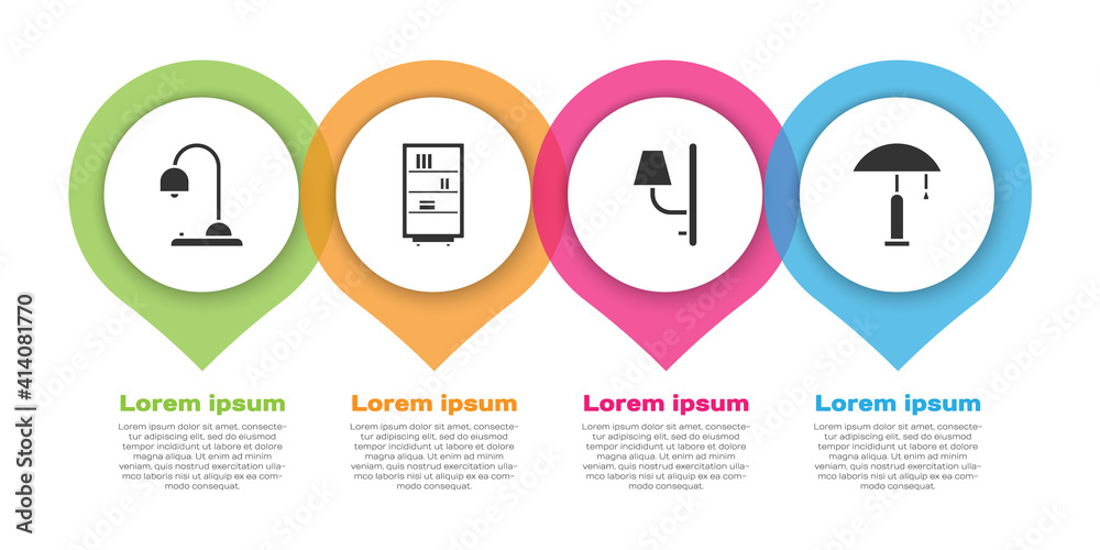设置台灯、图书馆书架、壁灯和台灯。商业信息图模板。矢量