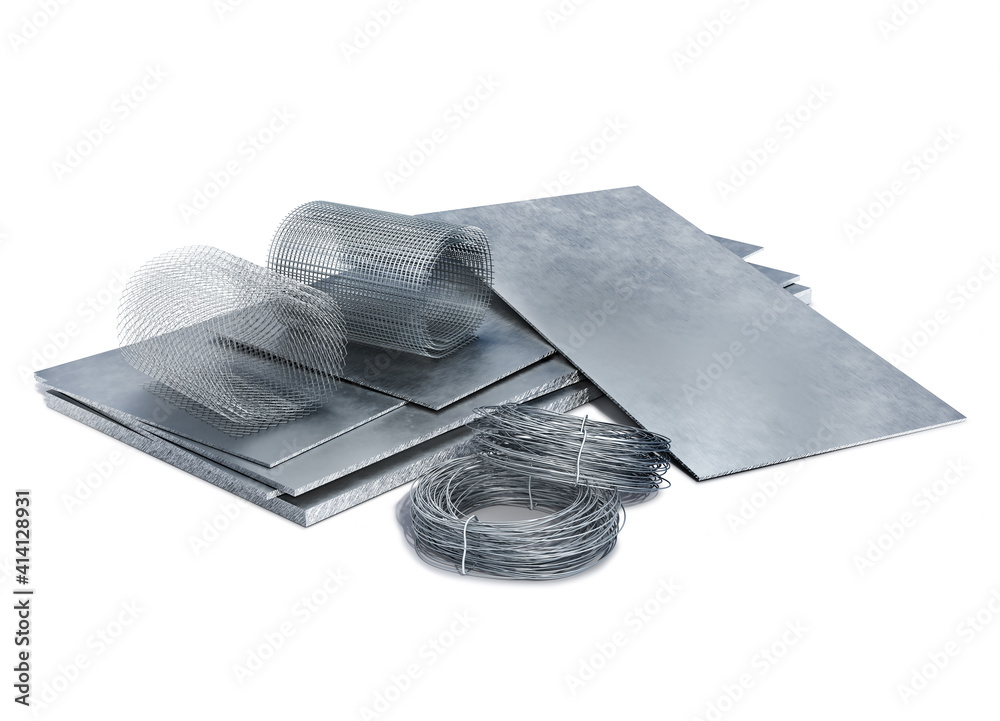 Metal sheets, rolls of wire and rolled up nets on a white background, 3d illustration