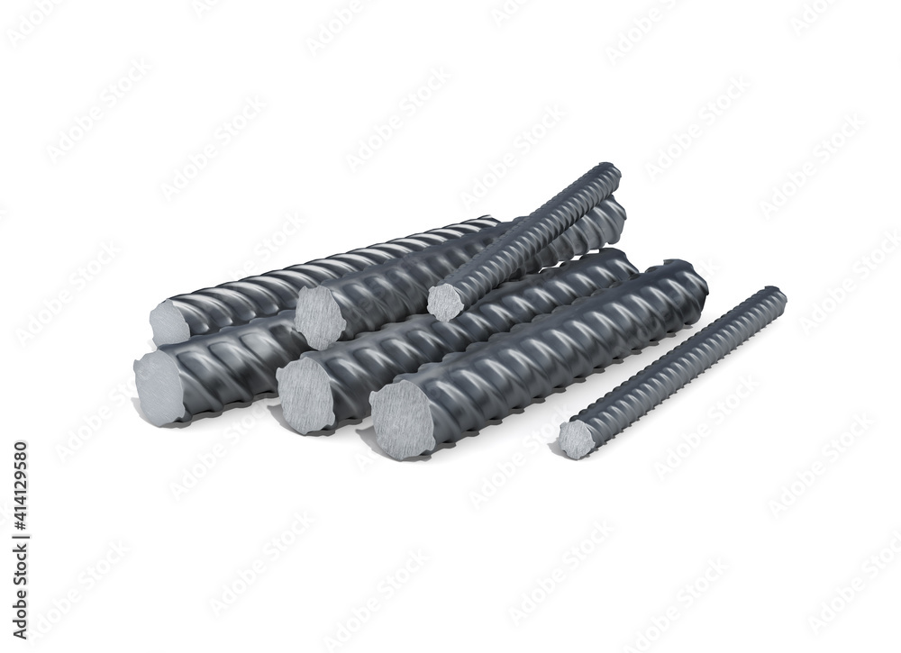 Parts of metal rebar in different scales, 3d illustration