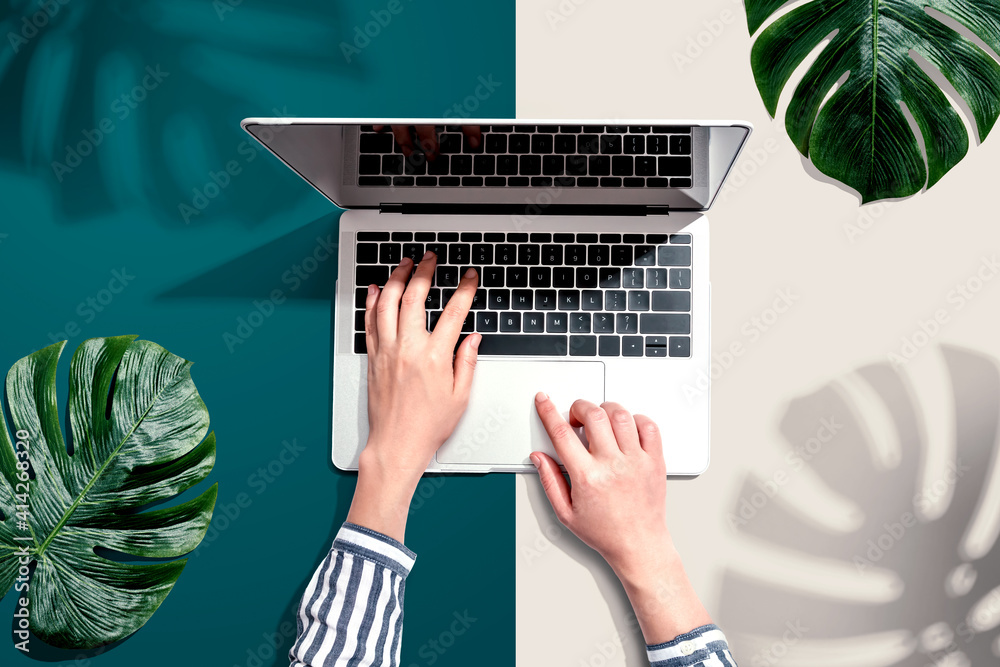 Person using a laptop computer with tropical leaves from above