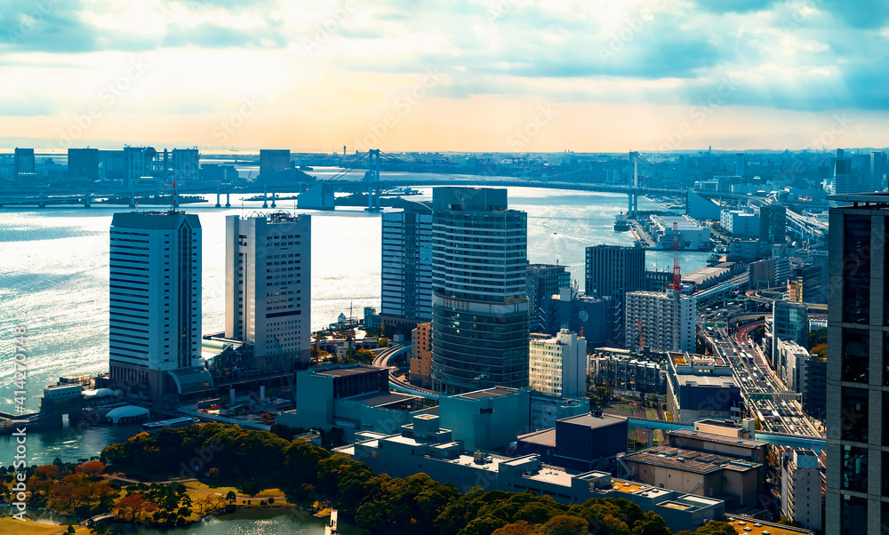 View of Tokyo Bay from and skyline from above