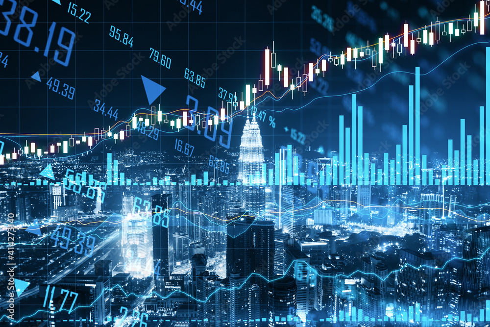 World financial market with megapolis city background and stock market chart with financial graphs a