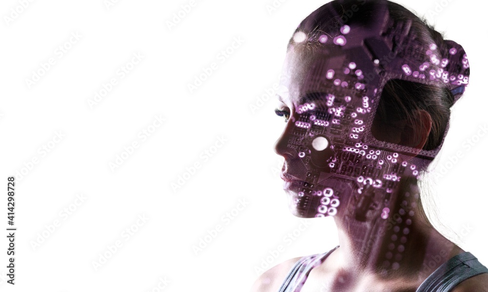 Double exposure of young woman and digital background