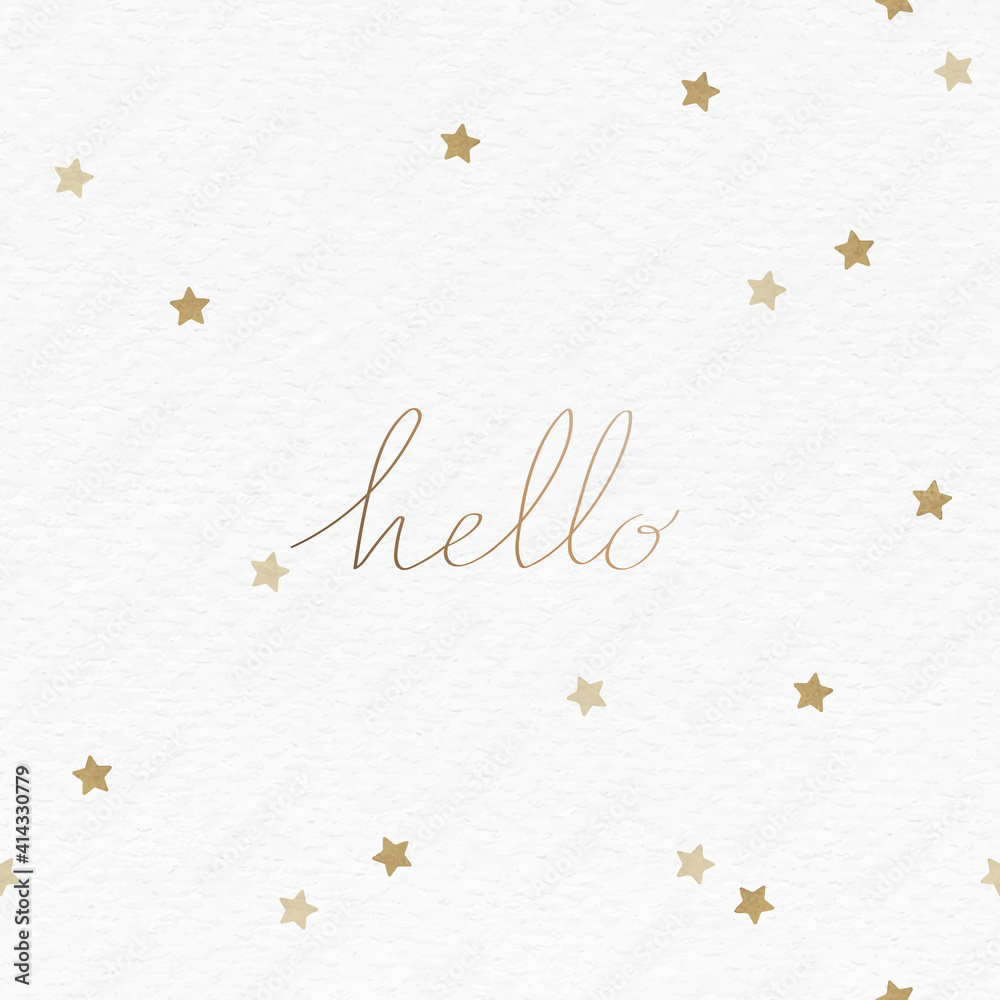 Hello greetings typography on a white background with golden stars vector