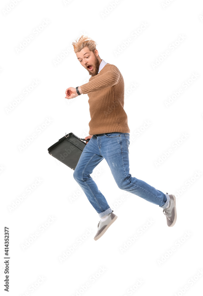 Jumping man with briefcase on white background