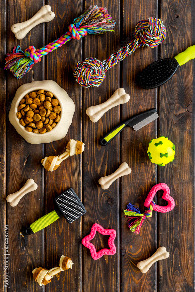 Flat lay with pet toys and accessories for dog and cat