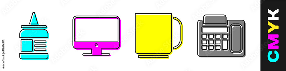 Set Glue, Computer monitor screen, Coffee cup and Telephone icon. Vector.