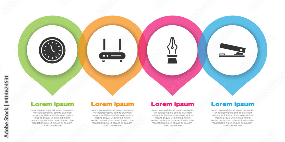 Set Clock, Router and wi-fi signal, Fountain pen nib and Office stapler. Business infographic templa