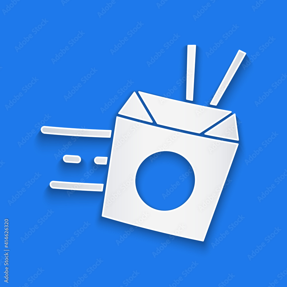 Paper cut Online ordering and noodles delivery icon isolated on blue background. Paper art style. Ve