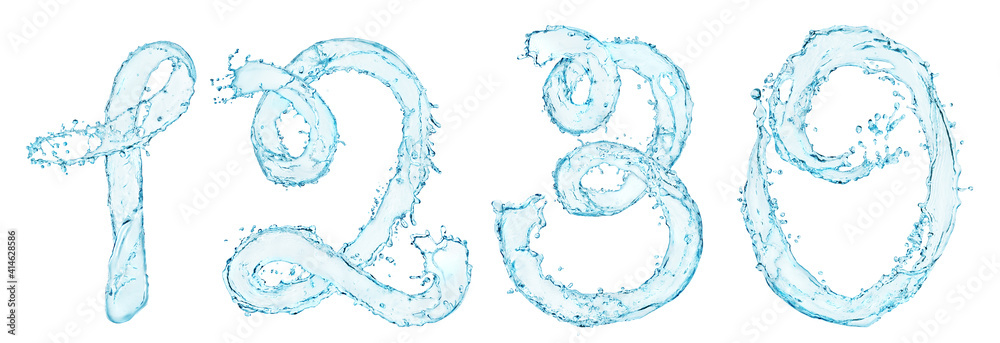 splash of water in the form of numbers zero one two three on a white background