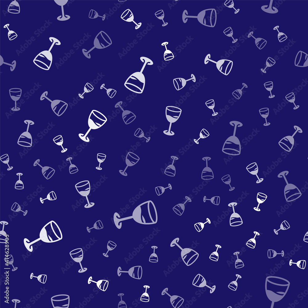 White Wine glass icon isolated seamless pattern on blue background. Wineglass sign. Vector.