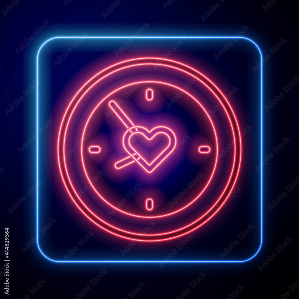 Glowing neon Clock with heart icon isolated on blue background. Valentines day. Love symbol. Vector.