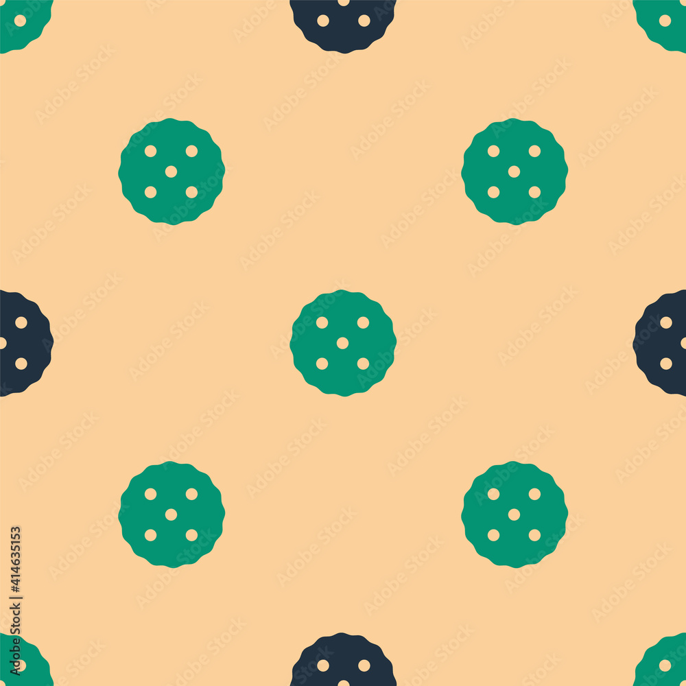 Green and black Cookie or biscuit with chocolate icon isolated seamless pattern on beige background.