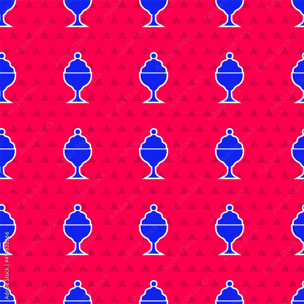 Blue Ice cream in the bowl icon isolated seamless pattern on red background. Sweet symbol. Vector.