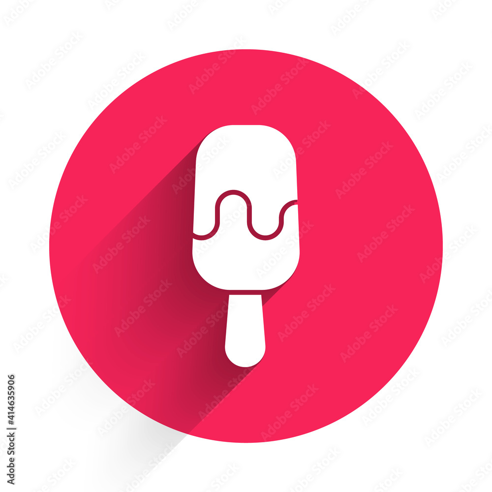 White Ice cream on stick icon isolated with long shadow. Sweet symbol. Red circle button. Vector.