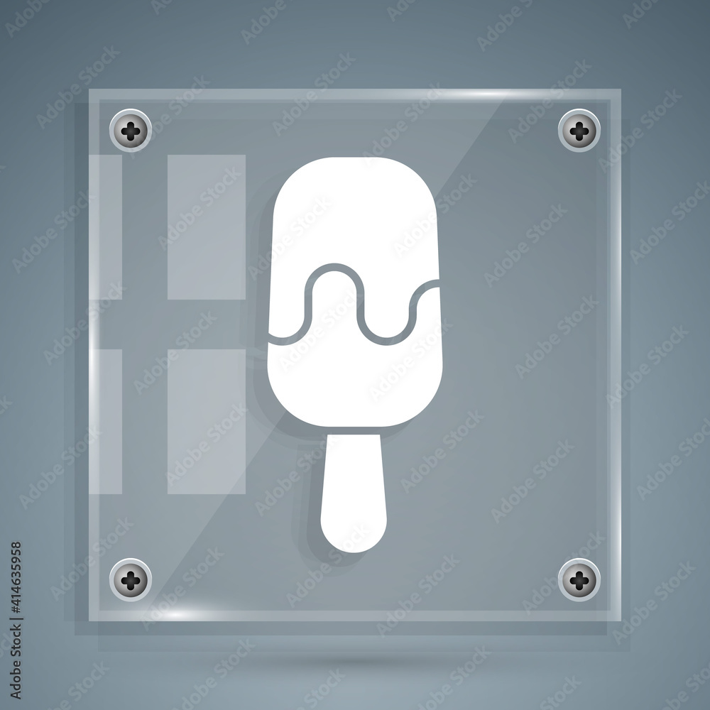 White Ice cream on stick icon isolated on grey background. Sweet symbol. Square glass panels. Vector