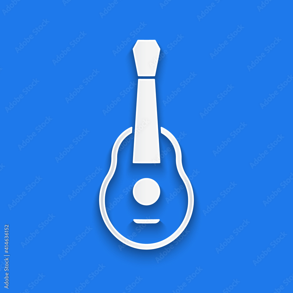 Paper cut Guitar icon isolated on blue background. Acoustic guitar. String musical instrument. Paper