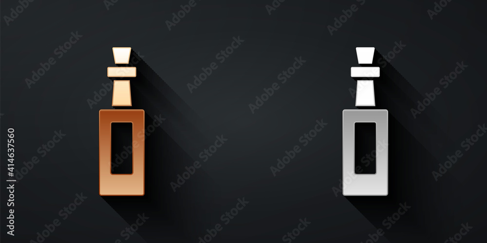 Gold and silver Bottle of olive oil icon isolated on black background. Jug with olive oil icon. Long