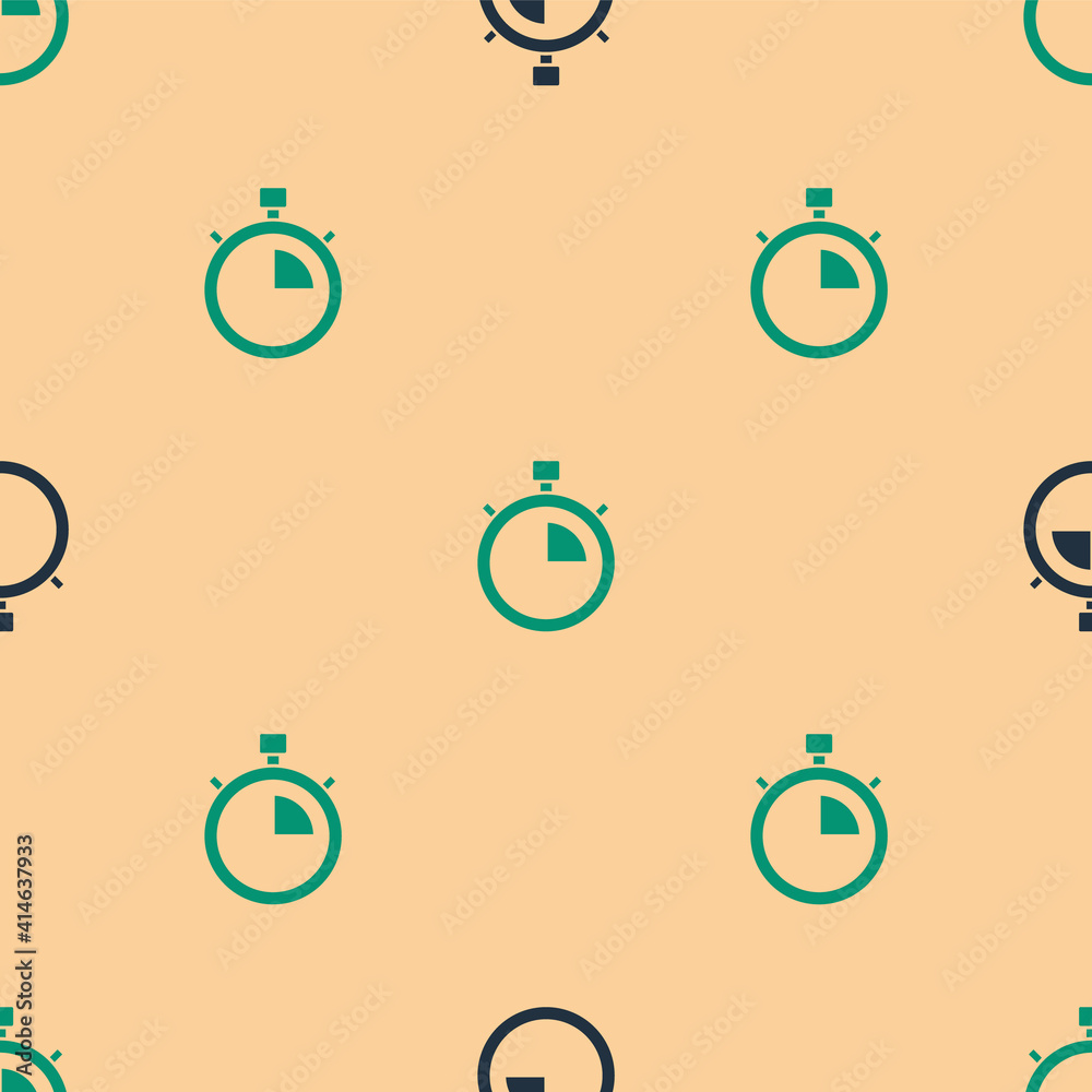 Green and black Stopwatch icon isolated seamless pattern on beige background. Time timer sign. Chron