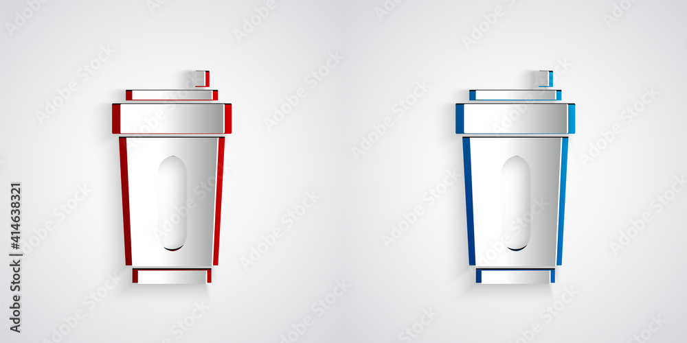 Paper cut Sport bottle with water icon isolated on grey background. Paper art style. Vector.