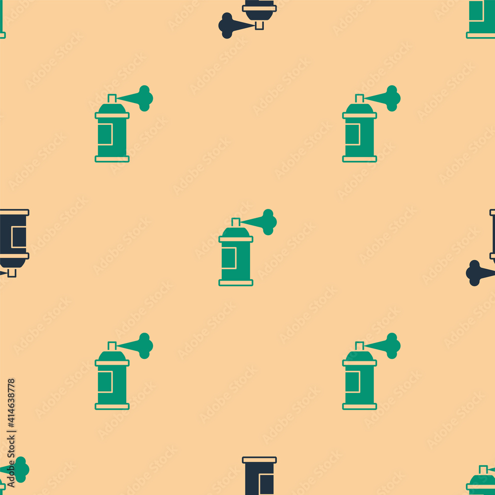 Green and black Paint spray can icon isolated seamless pattern on beige background. Vector.