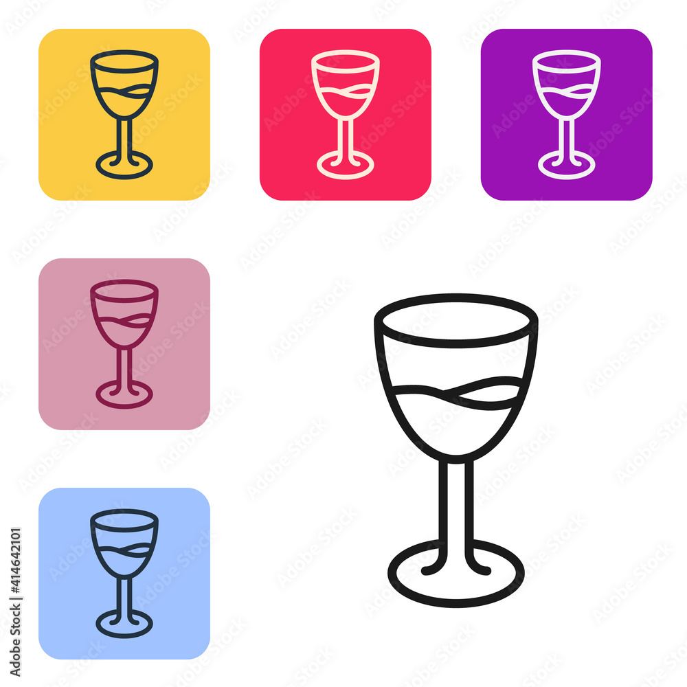 Black line Wine glass icon isolated on white background. Wineglass sign. Set icons in color square b