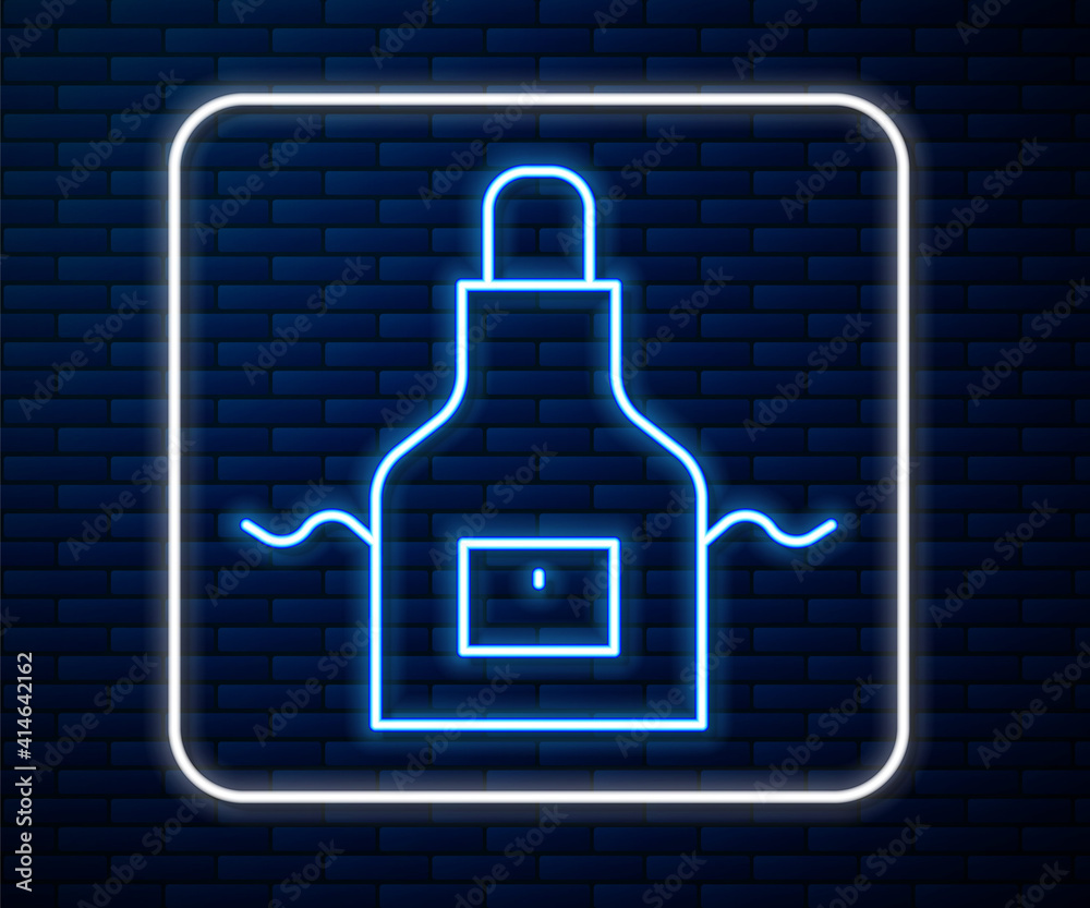 Glowing neon line Kitchen apron icon isolated on brick wall background. Chef uniform for cooking. Ve