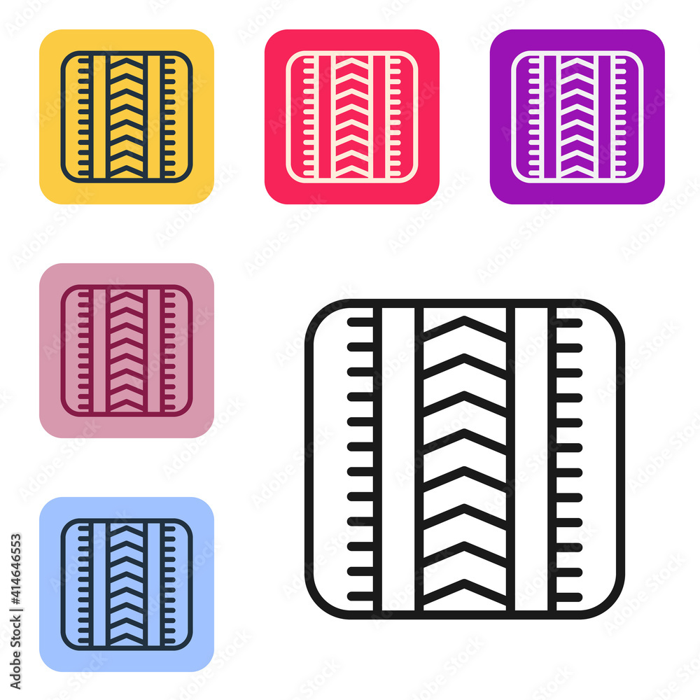 Black line Tire track icon isolated on white background. Set icons in color square buttons. Vector.