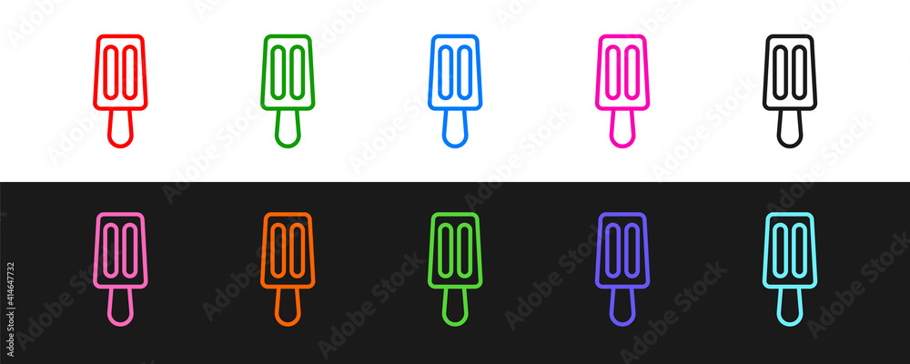 Set line Ice cream on stick icon isolated on black and white background. Sweet symbol. Vector.