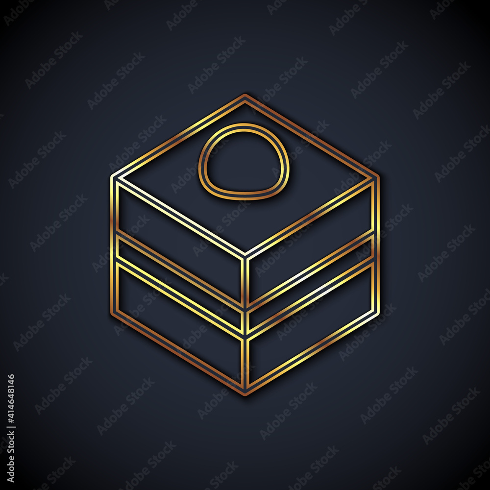 Gold line Brownie chocolate cake icon isolated on black background. Vector.