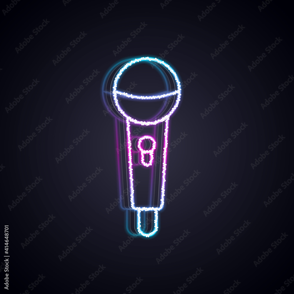 Glowing neon line Microphone icon isolated on black background. On air radio mic microphone. Speaker