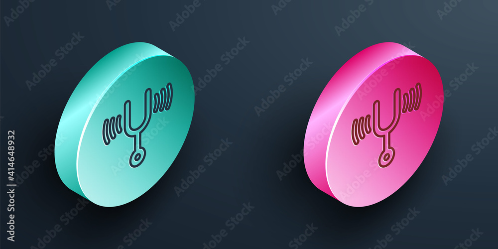 Isometric line Musical tuning fork for tuning musical instruments icon isolated on black background.