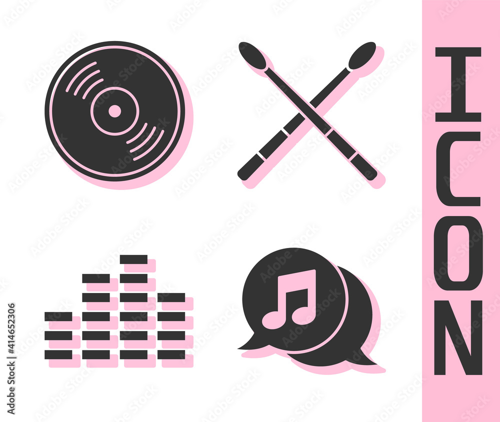 Set Musical note in speech bubble, Vinyl disk, Music equalizer and Drum sticks icon. Vector.