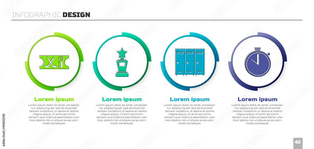 设置冰球运动门票、奖杯、更衣室或更衣室以及秒表。商业信息图项目