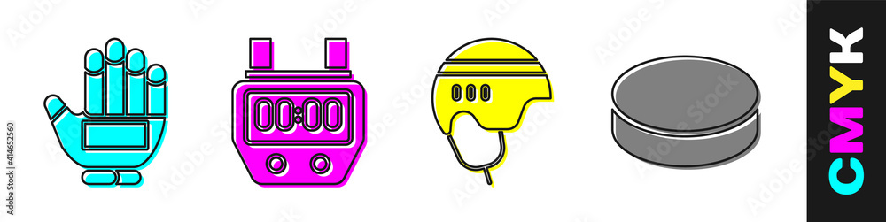 Set Hockey glove, Stopwatch, Hockey helmet and Hockey puck icon. Vector.