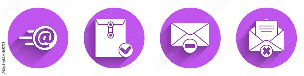 Set Mail and e-mail, Envelope and check mark, Delete envelope and Delete envelope icon with long sha