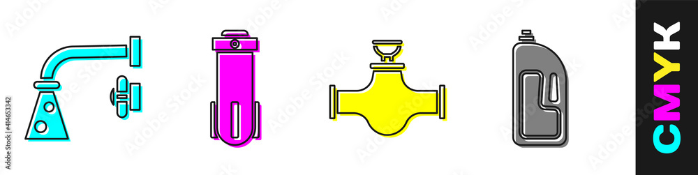设置水龙头、滤水器、工业管道和阀门以及带有排水清洁器图标的容器。矢量。