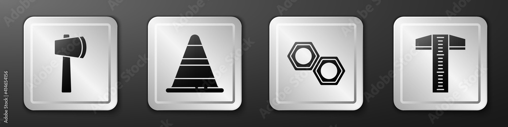 Set Wooden axe, Traffic cone, Hexagonal metal nut and T-square line icon. Silver square button. Vect