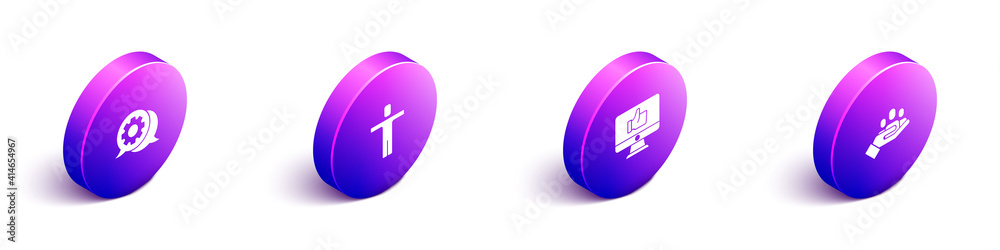 设置Isometric Speech bubble chat、Head hunting、Hand like和for search people icon.Vvector。