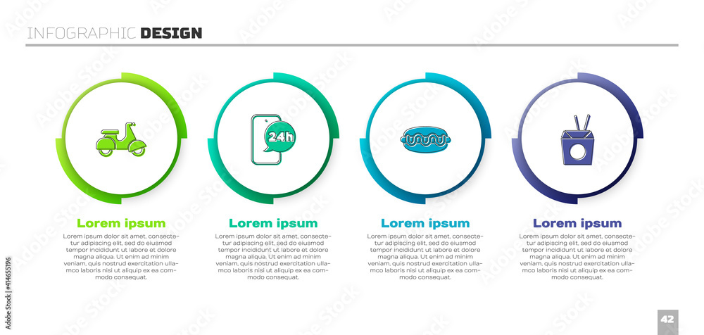 设置滑板车送货、订餐、热狗三明治和亚洲面筷子。商业信息图