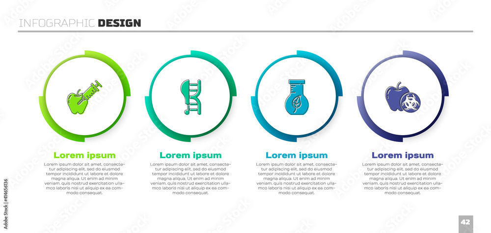 设置转基因苹果、鸡肉、试管和烧瓶以及.商业信息图模板.Ve