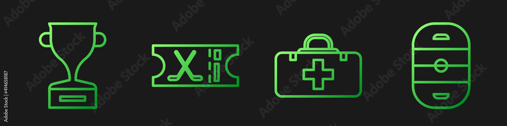 设线急救箱、奖杯、冰球运动门票和冰球场。渐变色图标.V