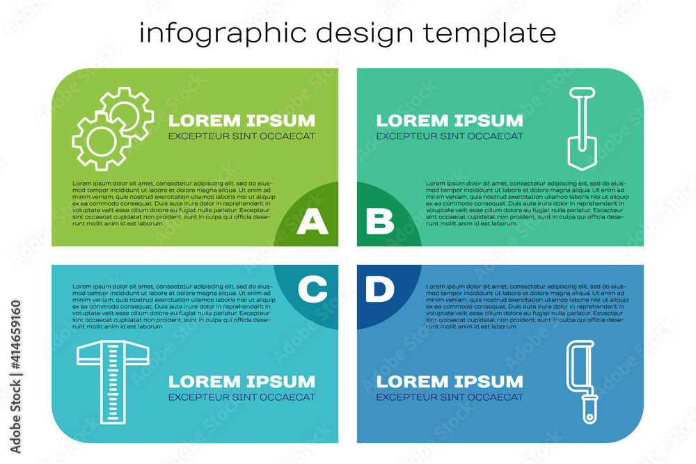 设置线T方形线，齿轮，钢锯和铲子。商业信息图模板。矢量。